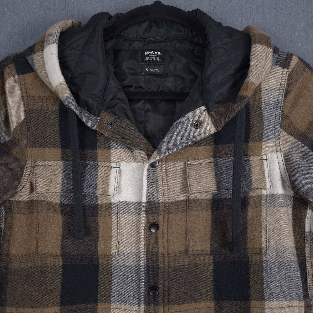 Prana Asgard Hooded Flannel Shirt Mens Small Plaid Wool Blend Snap Up Shacket - Picture 2 of 12